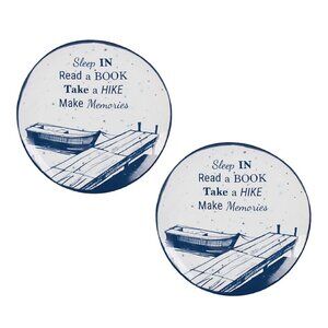 2 new Fitz and Floyd® 8.75" Blue/White SLEEP IN Accent Plates w/ Dock + Row Boat